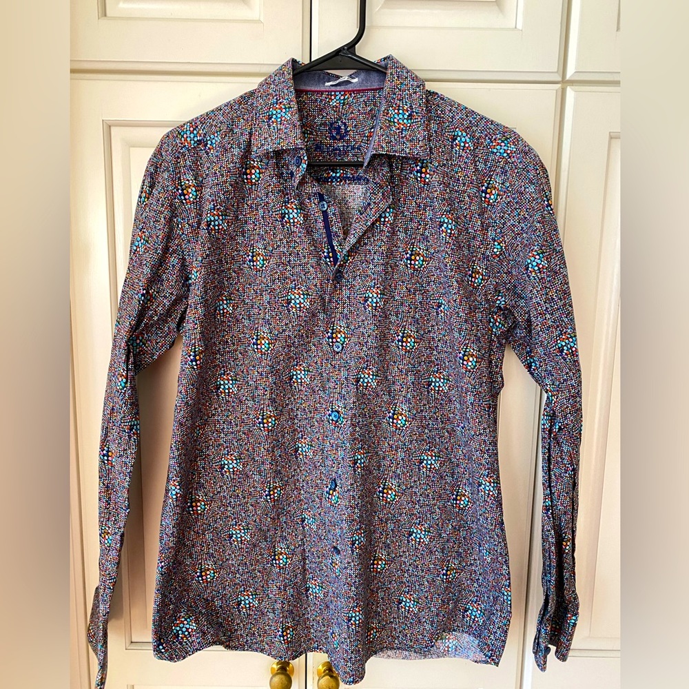 Bugatchi Print Shirt Shaped Fit purple blue Button Up Long Sleeve men's M